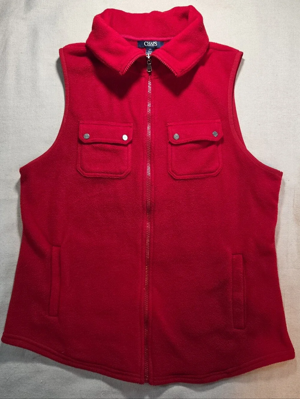 Chaps Women's Red Fleece Vest with Snap Chest Pockets Full Zip Sleeveless L